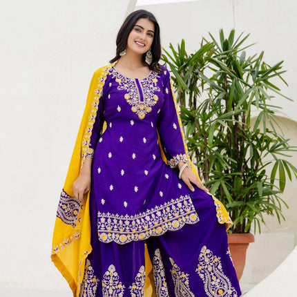 Lehenga Mart Designer Chinon Ready to wear Kurta Palazzo Dupatta for Women - Purple