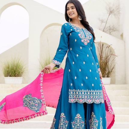 Lehenga Mart Designer Chinon Ready to wear Kurta Palazzo Dupatta for Women - Sky blue