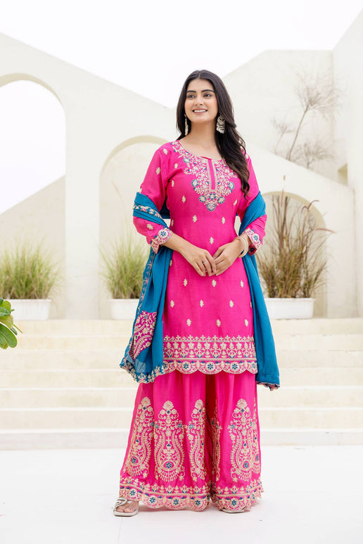 Lehenga Mart Designer Chinon Ready to wear Kurta Palazzo Dupatta for Women - Pink