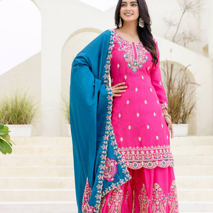 Lehenga Mart Designer Chinon Ready to wear Kurta Palazzo Dupatta for Women - Pink