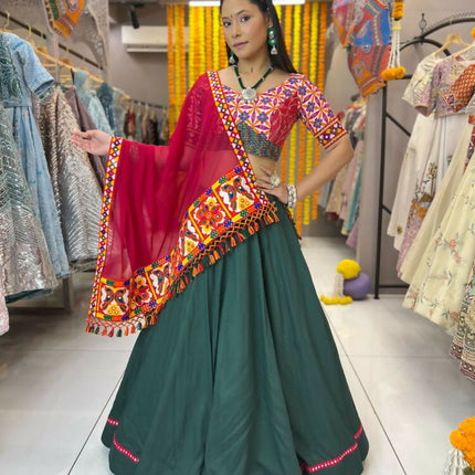 Aastha Fashion Green Reyon Readymade Mirror Lace Semi Stitched Wedding Wear Lehenga Choli