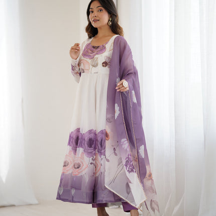 Lorenvalley Fashion Soft Organza Silk Front On Fancy Badla Jari Work Flower Position Print Outing Work Anarkali Kurta Pant With Dupatta Set