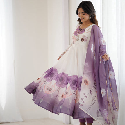 Lorenvalley Fashion Soft Organza Silk Front On Fancy Badla Jari Work Flower Position Print Outing Work Anarkali Kurta Pant With Dupatta Set