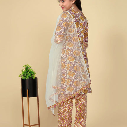 Divine Drape Girls Poly Cotton Yellow Embroidered Straight Kids Kurta Pant With Dupatta