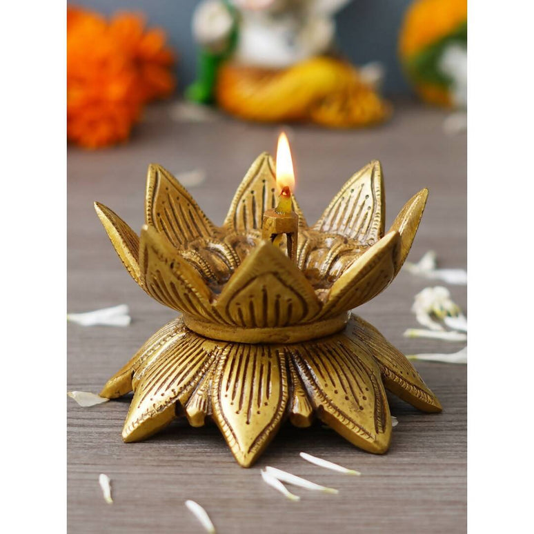 eCraftIndia Gold Toned Lotus Flower Designer Brass Diya