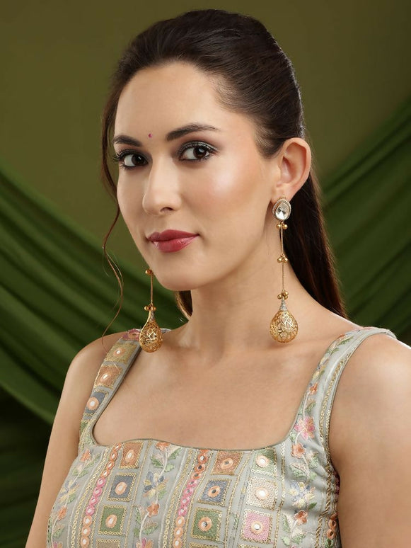 Glass Kundan Antique finish Long Earrings - Ruby Raang