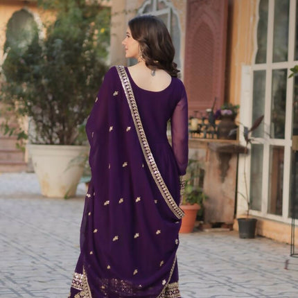 Aastha Fashion Purple Faux Blooming Embroidery Zari Sequins-work Party Wear Designer Gown