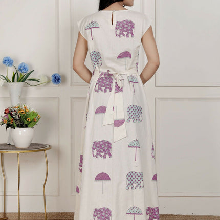 Miravan Womens Off-White Animal Printed Asymmetric Neck A-Line Maxi Dress