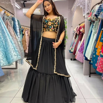 Aastha Fashion Black Heavy Georgette Pleated Semi Stitched Wedding Wear Lehenga Choli