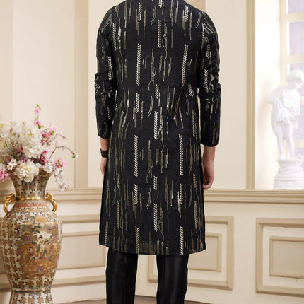 Raivat Ethnic Men's Art Silk Thread Work Kurta Pyjama In Black Colour