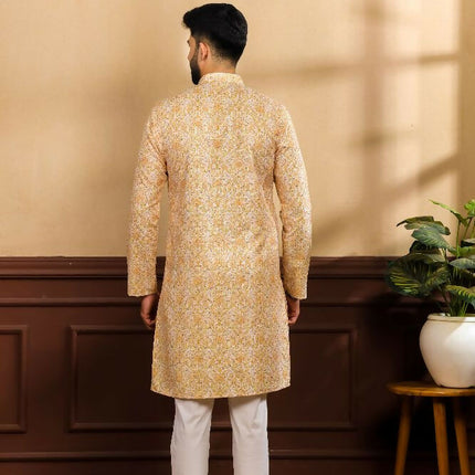 Mustard Art Silk Digital Printed, Embroidery Work Kurta Set - Mahotsav