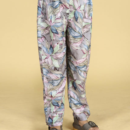 Divine Drape Girls Roman Slub Grey Printed Straight Kids Kurta Pant With Dupatta