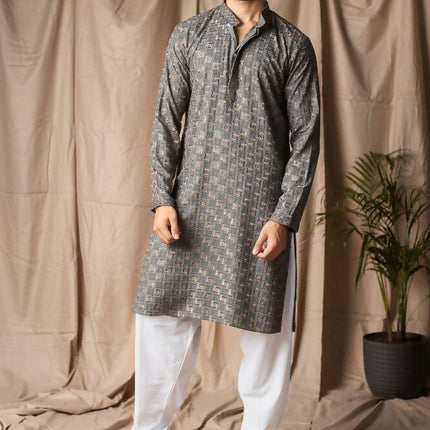 Grey Rayon Thread Embroidery Work Kurta Set - Mahotsav