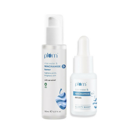 Plum 3% Niacinamide Alcohol-Free Toner With Rice Water and 10% Niacinamide Brightening Face Serum Combo