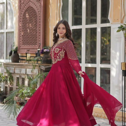 Aastha Fashion Pink Faux Blooming Embroidery Work Party Wear Designer Gown