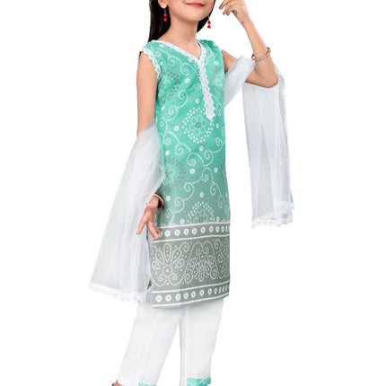 Divine Drape Girls Cotton Green Printed Straight Kids Kurta Pant With Dupatta