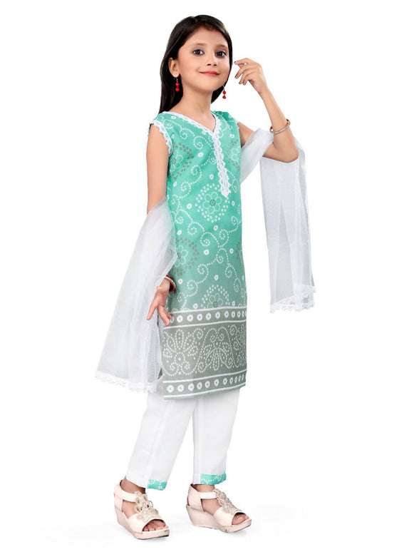 Divine Drape Girls Cotton Green Printed Straight Kids Kurta Pant With Dupatta