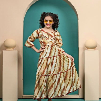 Divine Drape Girls Muslin Mustard Printed Kids Anarkali Gown