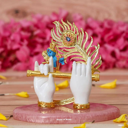 House Of Wemy Gold-Polished Lord Krishna Hands Idol with Flute, Face and Pecock Feather
