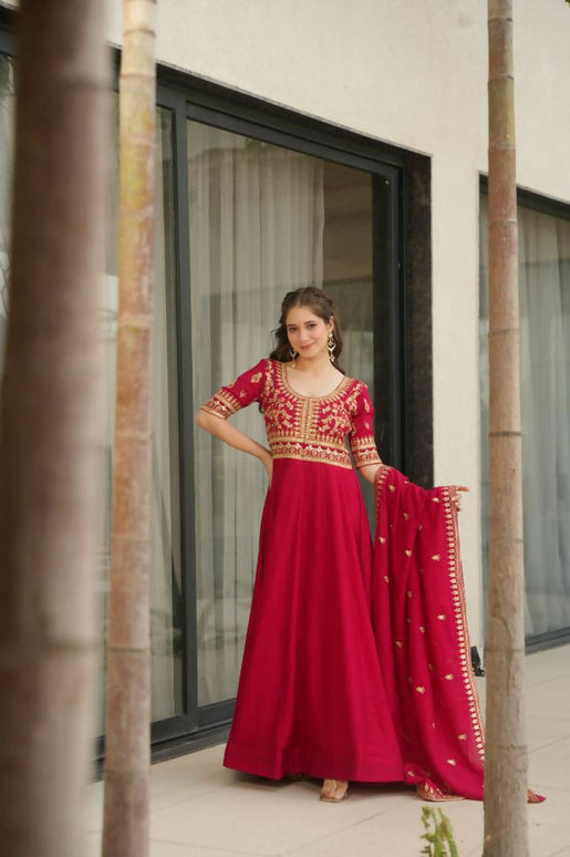 Aastha Fashion Pink Vichitra Silk Sequins-Multi & Zari Embroidered Work Party Wear Designer Gown