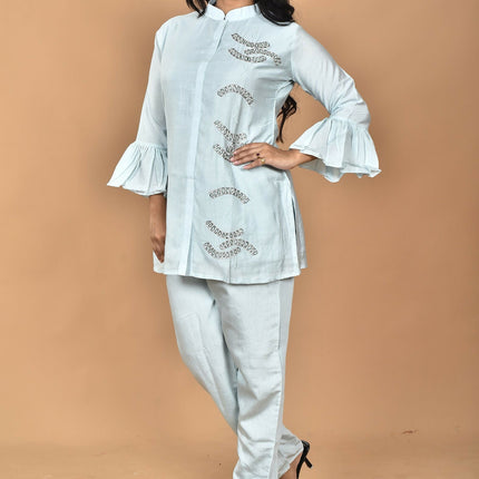 Morchari Women Hand Embroidery Co-Ords-Light Blue