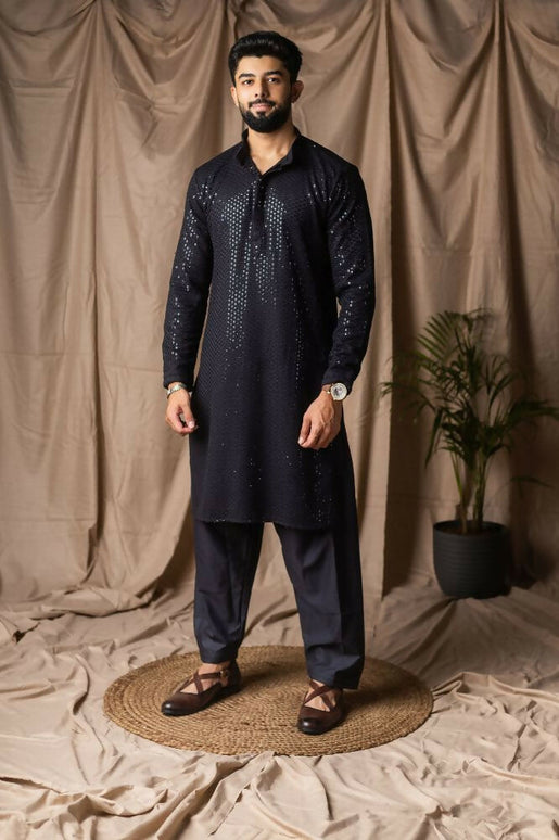 Black Rayon Thread Embroidery Work Kurta Set - Mahotsav