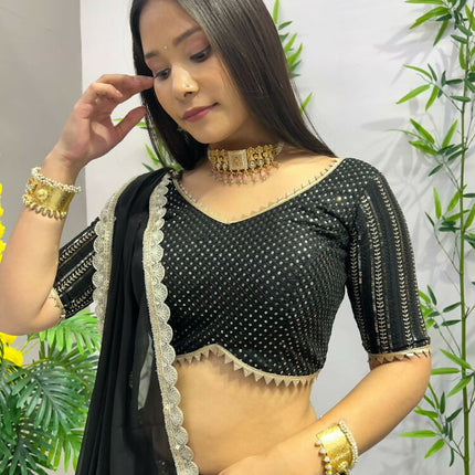 Aastha Fashion Black Heavy Georgette Heavy Embroidery+ Sequence +Ready Lace Semi Stitched Wedding Wear Lehenga Choli