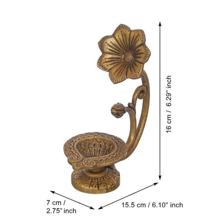 eCraftIndia Gold Toned Flower Shaped Brass Diya With Floral Handle