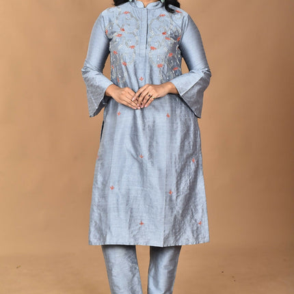 Morchari Women And Hand Embroidery Co-Ord Set-Grey