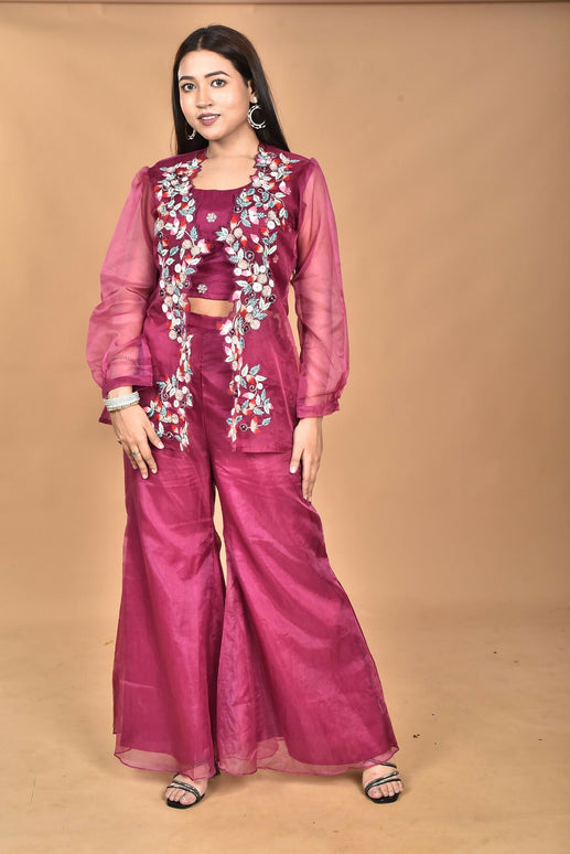 Morchari Women Hand Embroidery Crop Top-Magenta