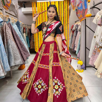 Aastha Fashion Maroon Maslin / Rayon Heavy Print + Gamthi Work Lace + Patch Semi Stitched Wedding Wear Lehenga Choli