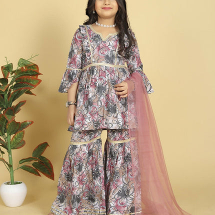 Divine Drape Girls Muslin Purple Printed Straight Kids Kurta Sharara With Dupatta