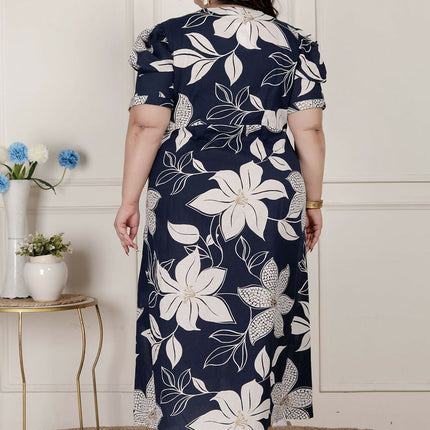 Miravan Womens Plus Size Blue Flower Printed Puff Sleeve Cotton Butterfly Maxi Dress