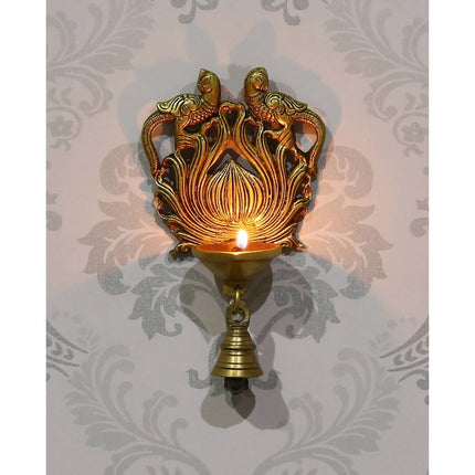 eCraftIndia Gold-Toned Handcrafted Antique Finish Diya with Bells Decorative Wall Hanging Showpiece