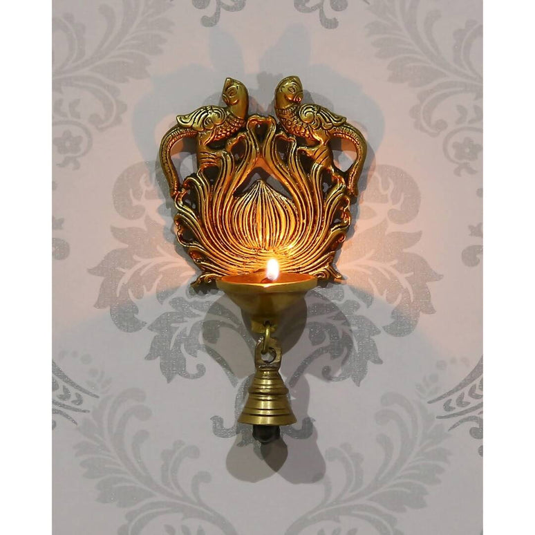eCraftIndia Gold-Toned Handcrafted Antique Finish Diya with Bells Decorative Wall Hanging Showpiece