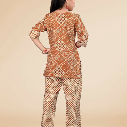 Divine Drape Girls Poly Cotton Mustard Printed Straight Kids Kurta Pant Set