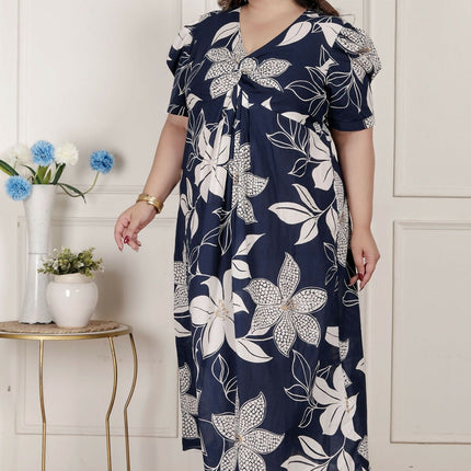Miravan Womens Plus Size Blue Flower Printed Puff Sleeve Cotton Butterfly Maxi Dress