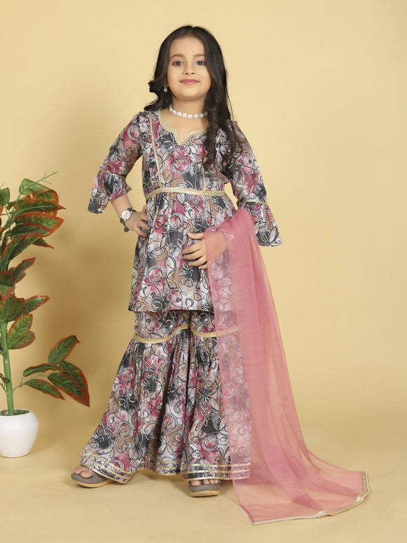 Divine Drape Girls Muslin Purple Printed Straight Kids Kurta Sharara With Dupatta