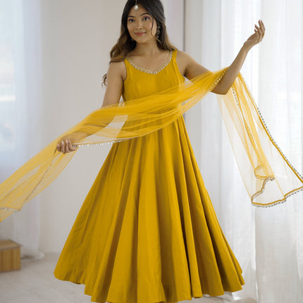 Lorenvalley Fashion Yellow Pure Romansilk Chanderi Fabric Yoke Fancy Lace Work Anarkali Kurta Pant With Dupatta Set