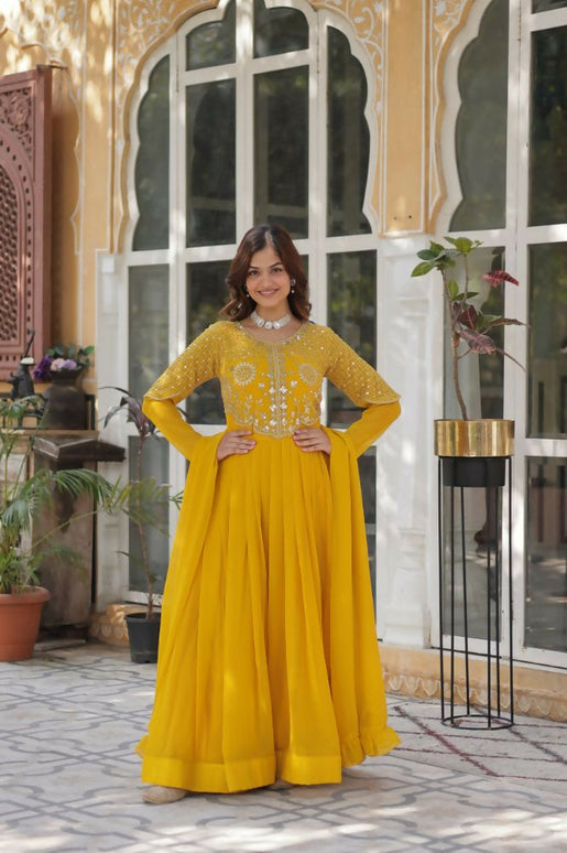 Aastha Fashion Yellow Faux Blooming Embroidery Work Party Wear Designer Gown