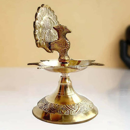 CraftVatika Gold Toned Brass Peacock Design Diya