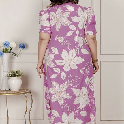 Miravan Womens Plus Size Pink Floral Print Puff Sleeve Pure Cotton Fit Flare Butterfly Maxi Dress