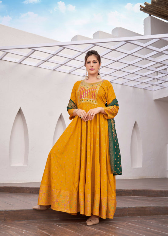 Aastha Fashion Yellow Rayon Party Wear Designer Gown Collection