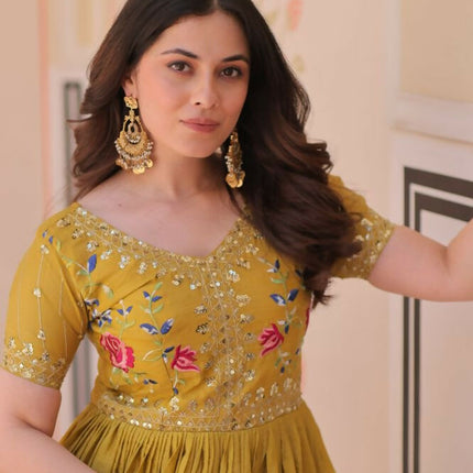 Aastha Fashion Yellow Gold Crush Multi Thread Embroidery Zari Sequins-Work Party Wear Designer Gown