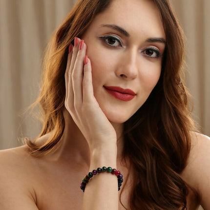 Red Carnelian, Lapis Lazuli, Amethyst and Green Avanturine Multicoloured Black Toned crystal bracelet - Ruby Raang