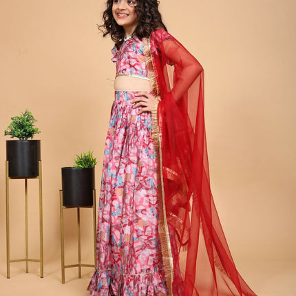 Divine Drape Girls Chinon Pink Printed Kids Lehenga Choli With Dupatta