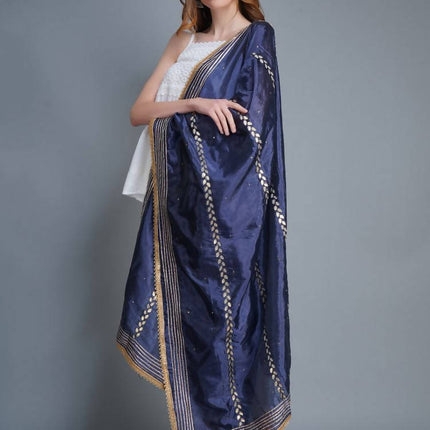 Shehnaai Navy Blue Artsilk Dupatta With Sarwoski And Gota Aari Embroidery