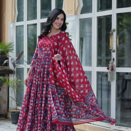 Aastha Fashion Maroon Pure Cotton Printed Party Wear Designer Gown