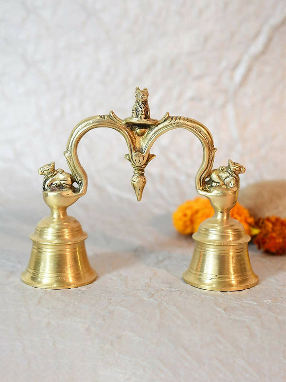CraftVatika Gold-Toned Brass Hand Held With Nandi Sitting On Top Double Puja Bell