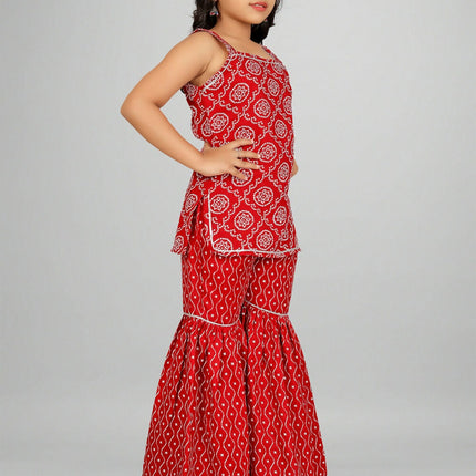 Divine Drape Girls Rayon Red Printed Straight Kids Kurta Sharara With Dupatta